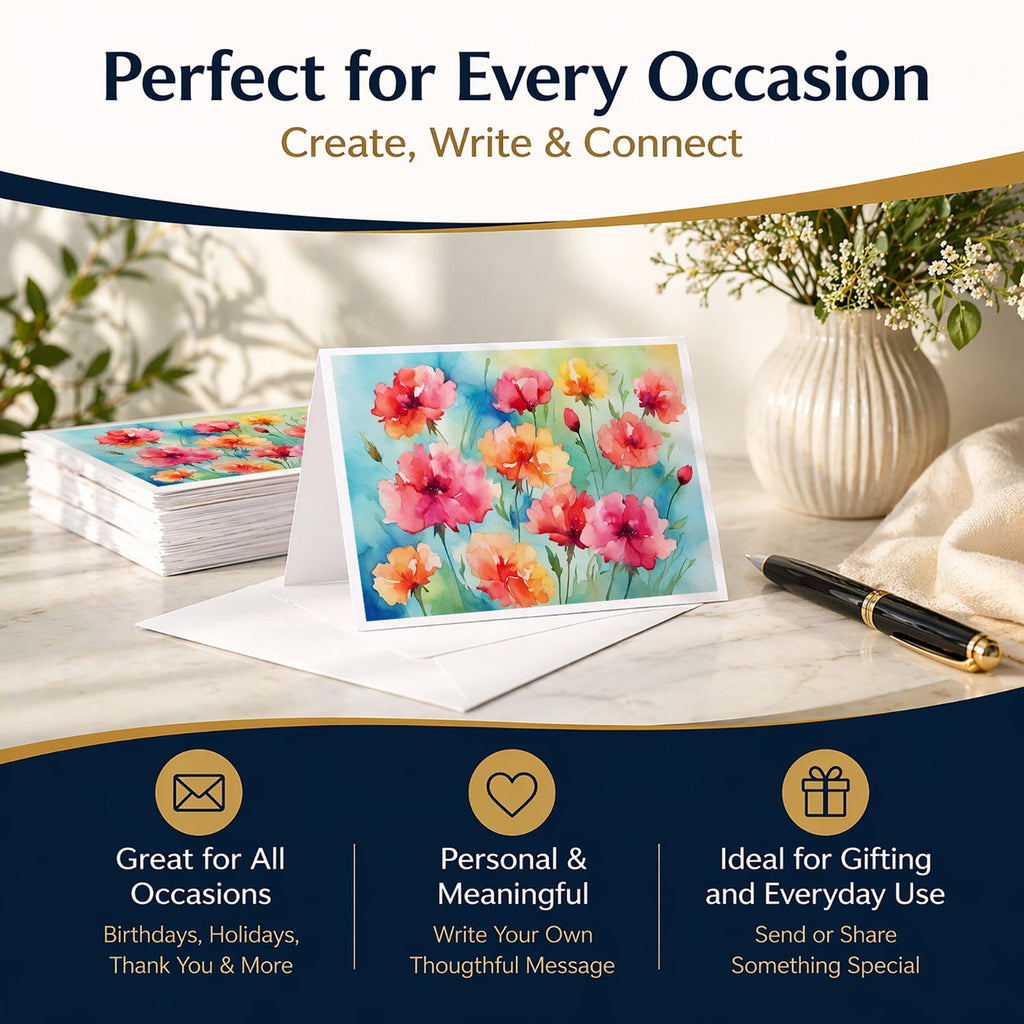 Carnations in Watercolor Greeting Cards Pack of 8 Blank Cards with Envelopes Whimsical A7 Size 5x7