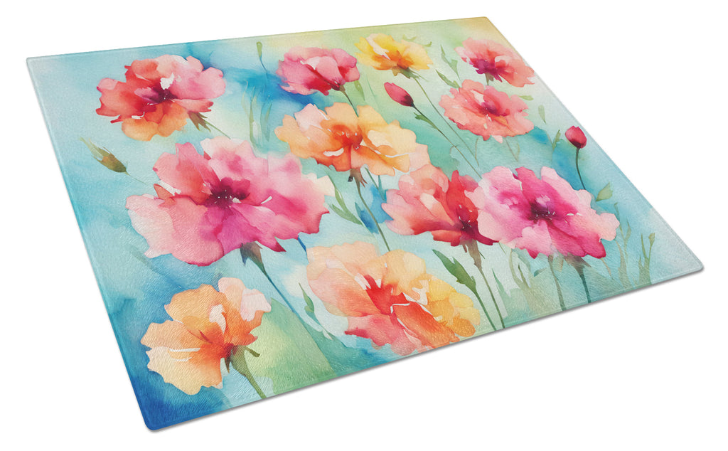 Carnations in Watercolor Cutting Board Tempered Glass Kitchen Cutting Surface, Heat Resistant Chopping, Non-Slip Feet, Food Prep & Serving