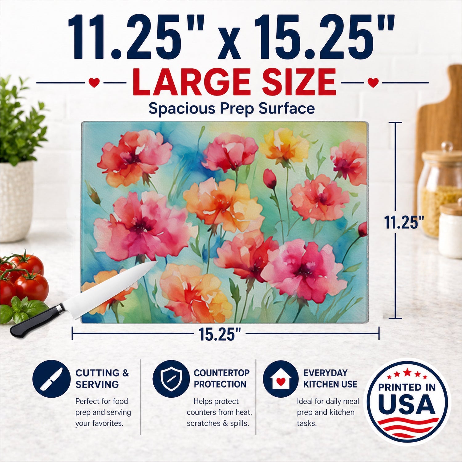 Carnations in Watercolor Cutting Board Tempered Glass Kitchen Cutting Surface, Heat Resistant Chopping, Non-Slip Feet, Food Prep & Serving