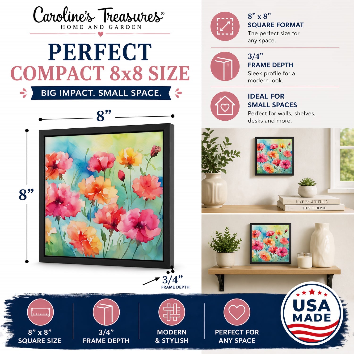 Carnations in Watercolor Framed Metal Print Bathroom, Kitchen, Office, Home Decor Wall Art Ready to Hang, Square, 8X8