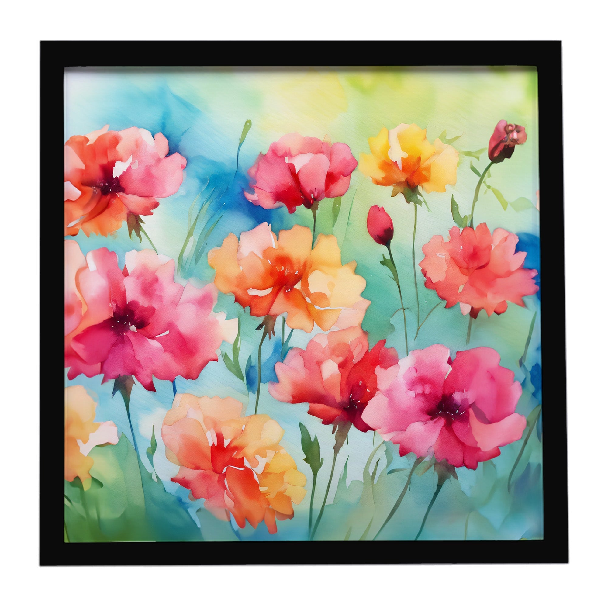 Carnations in Watercolor Framed Metal Print Bathroom, Kitchen, Office, Home Decor Wall Art Ready to Hang, Square, 8X8