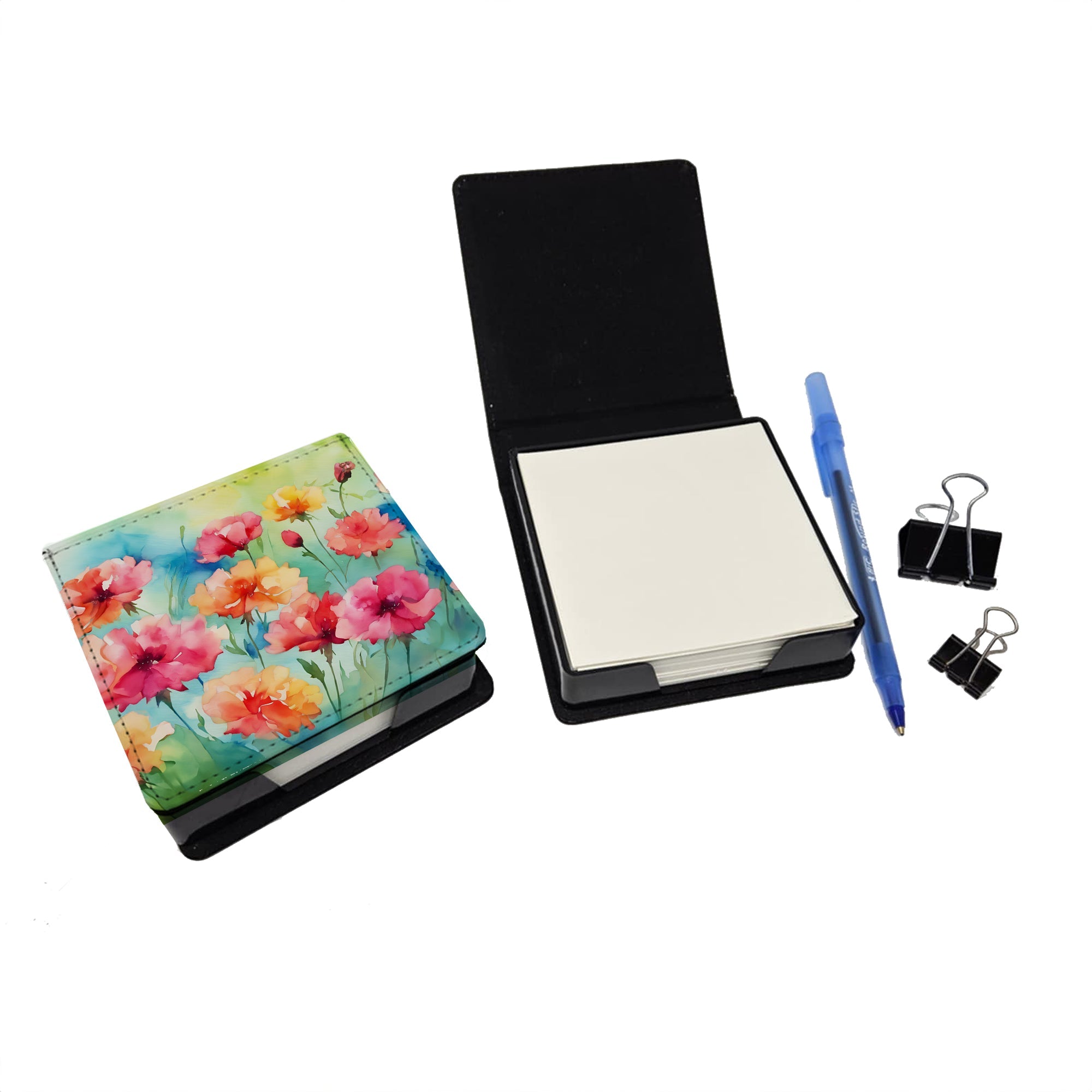 Carnations in Watercolor PU Leather Note Paper Holder with Artist-Designed Cover, Desk Accessory, Office Gift