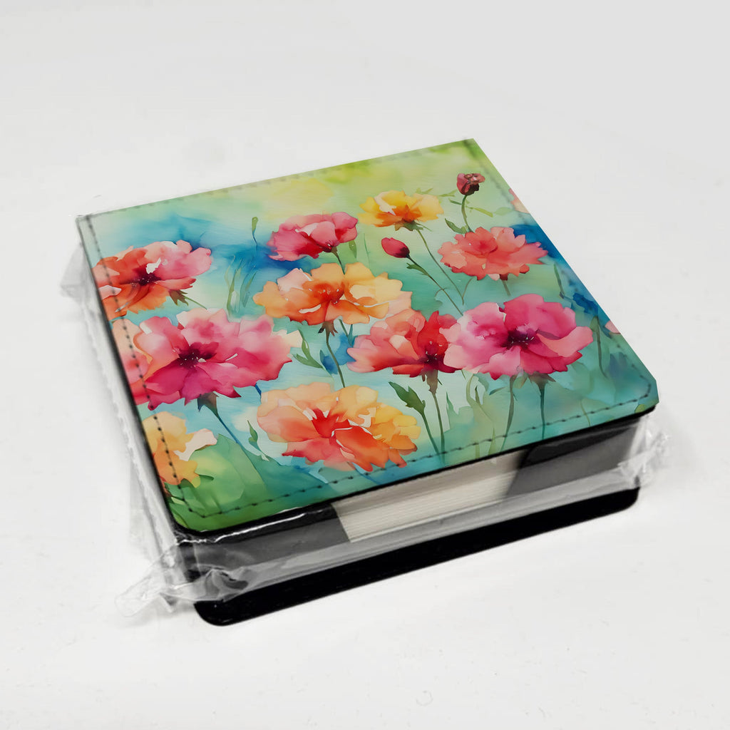 Carnations in Watercolor PU Leather Note Paper Holder with Artist-Designed Cover, Desk Accessory, Office Gift