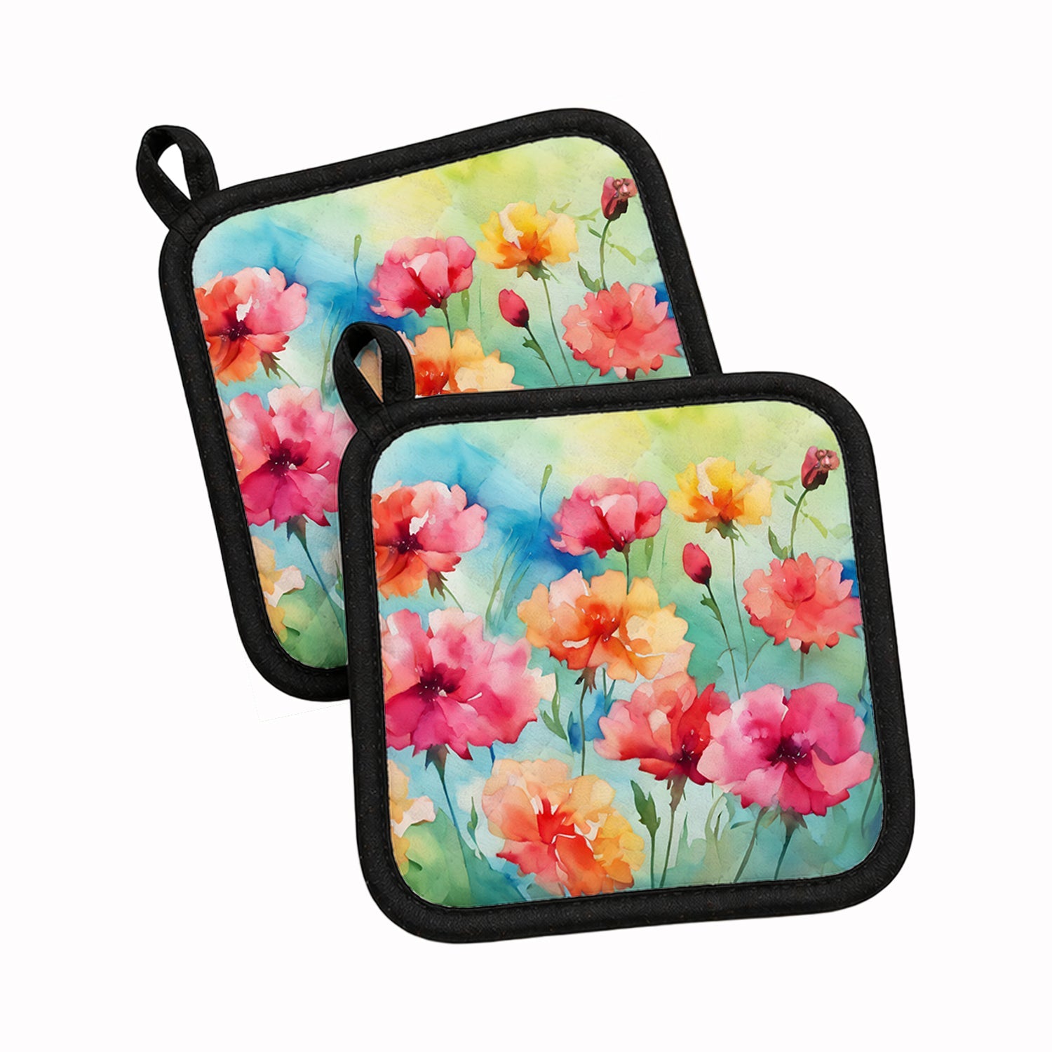 Carnations in Watercolor Pot Holder Set of 2 Heat Resistant Quilted Hot Pads 7.5 x 7.5 Inch, Insulated Kitchen Trivets for Cooking & Baking