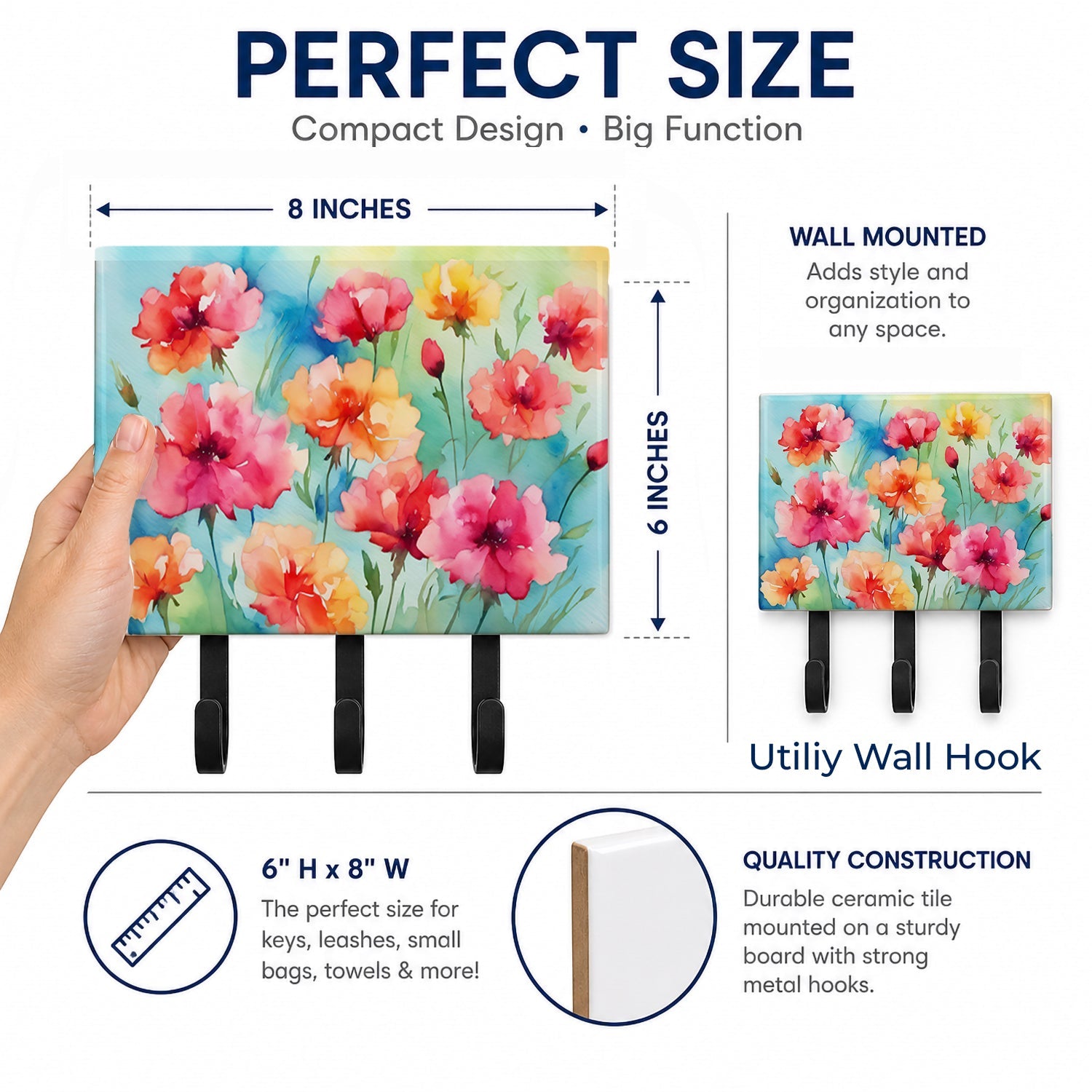 Carnations in Watercolor Leash or Key Holder Wall Hooks, Coat Rack Wall Mount, for Hanging Keys, Towels, Aprons, Leashes