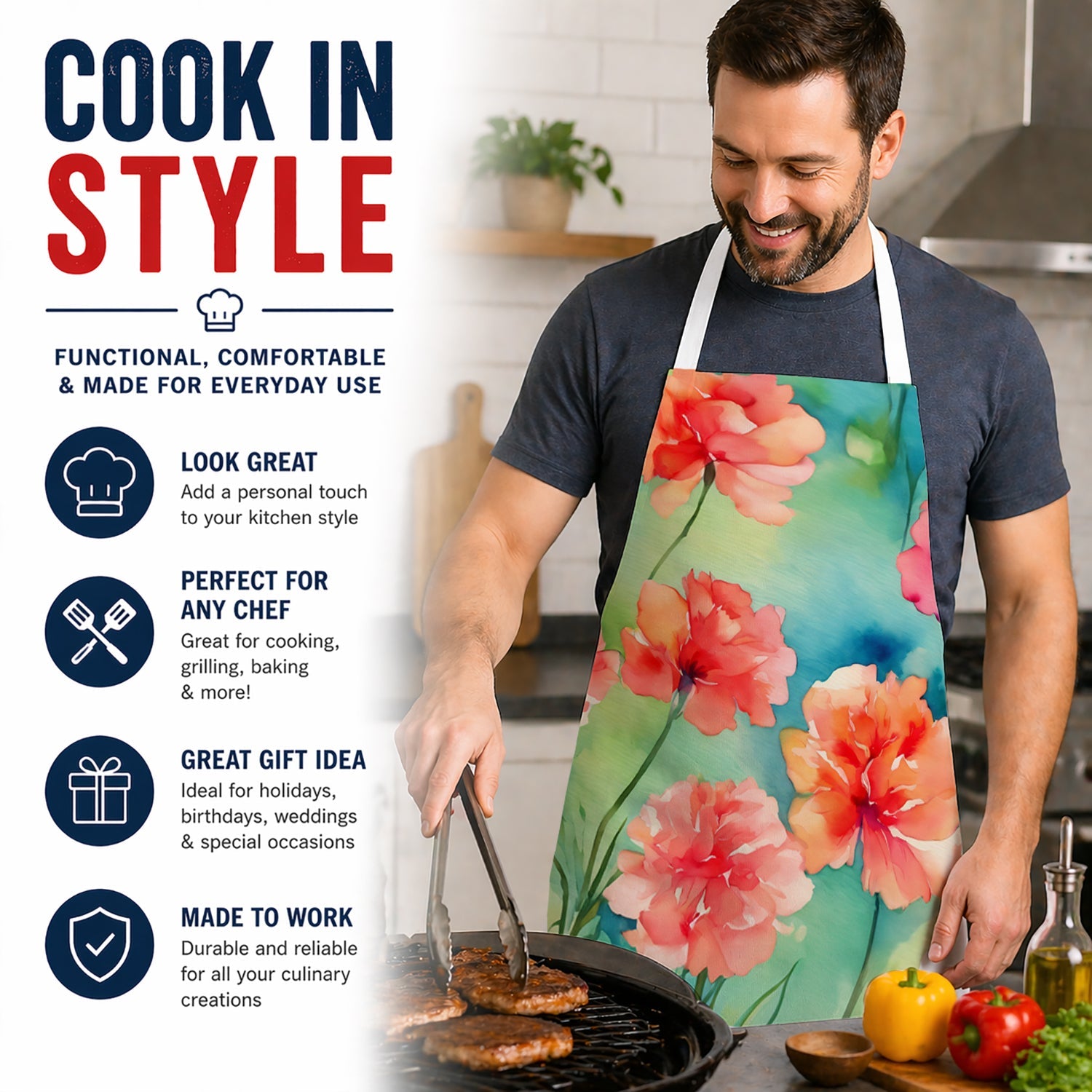 Carnations in Watercolor Apron Cooking Kitchen Server Baking Crafts Gardening for Adult Women Men, Unisex, Large, Multicolor
