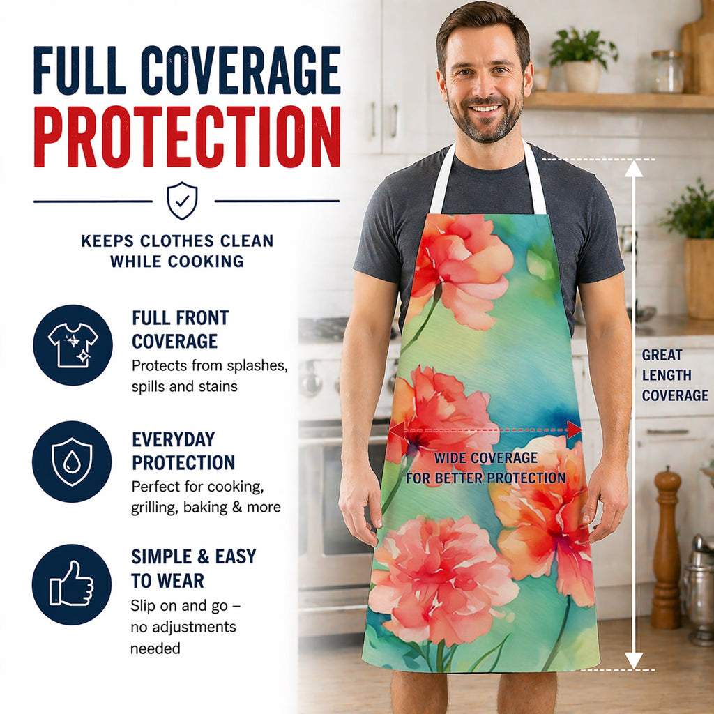 Carnations in Watercolor Apron Cooking Kitchen Server Baking Crafts Gardening for Adult Women Men, Unisex, Large, Multicolor