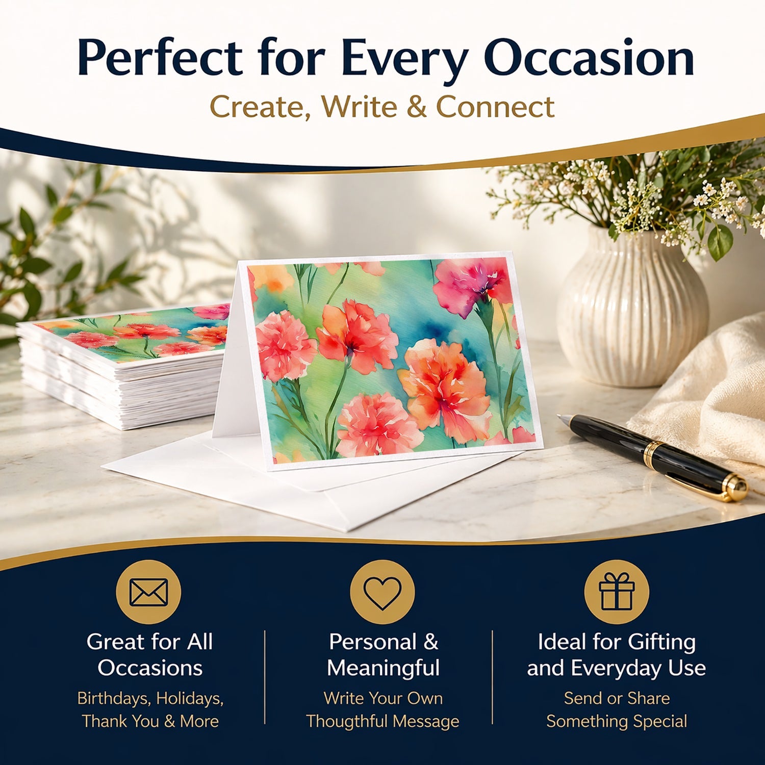 Carnations in Watercolor Greeting Cards Pack of 8 Blank Cards with Envelopes Whimsical A7 Size 5x7