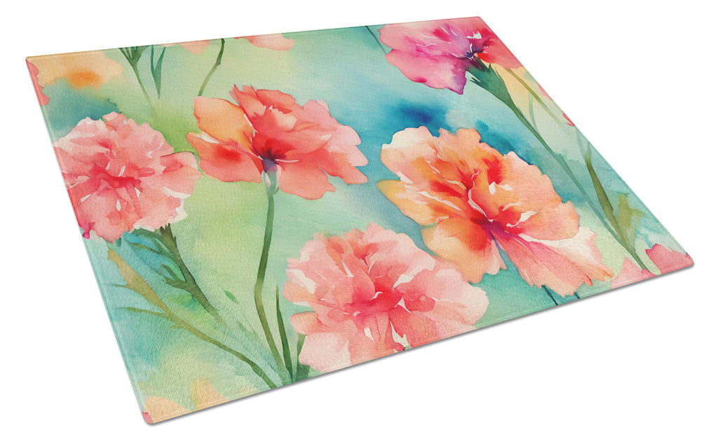 Carnations in Watercolor Cutting Board Tempered Glass Kitchen Cutting Surface, Heat Resistant Chopping, Non-Slip Feet, Food Prep & Serving