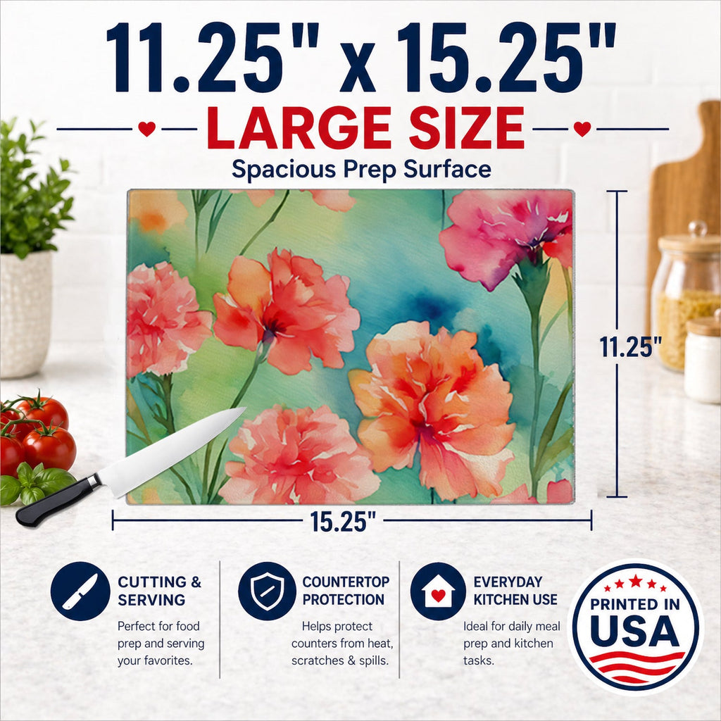 Carnations in Watercolor Cutting Board Tempered Glass Kitchen Cutting Surface, Heat Resistant Chopping, Non-Slip Feet, Food Prep & Serving