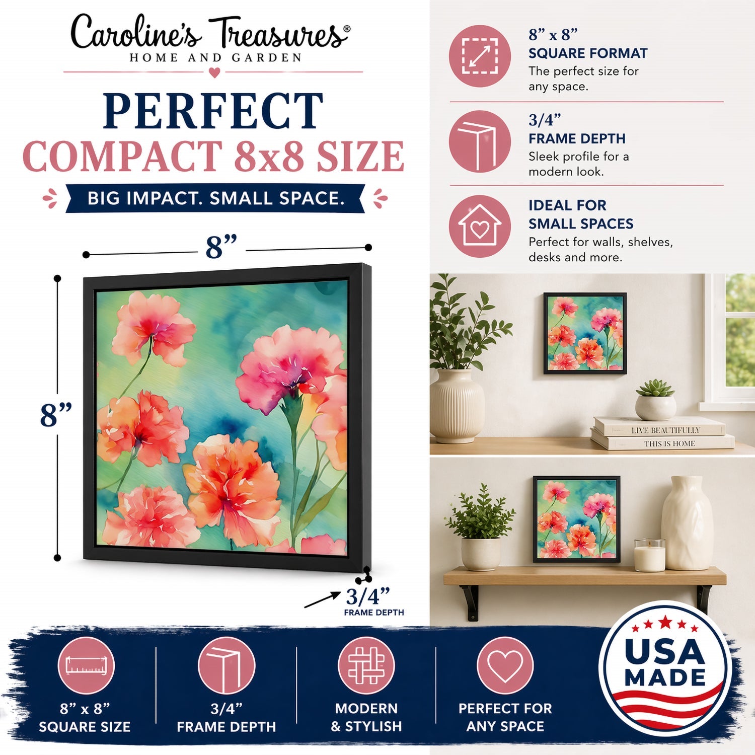 Carnations in Watercolor Framed Metal Print Bathroom, Kitchen, Office, Home Decor Wall Art Ready to Hang, Square, 8X8