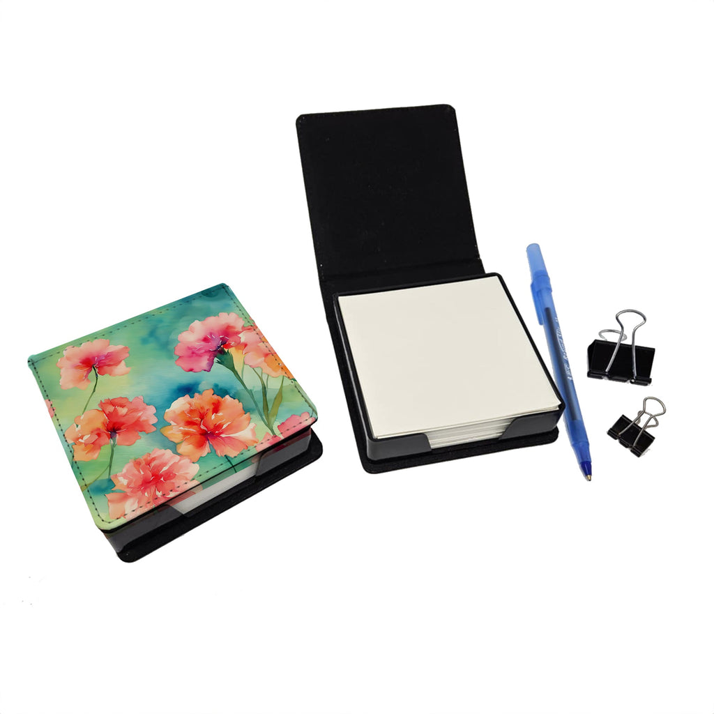Carnations in Watercolor PU Leather Note Paper Holder with Artist-Designed Cover, Desk Accessory, Office Gift