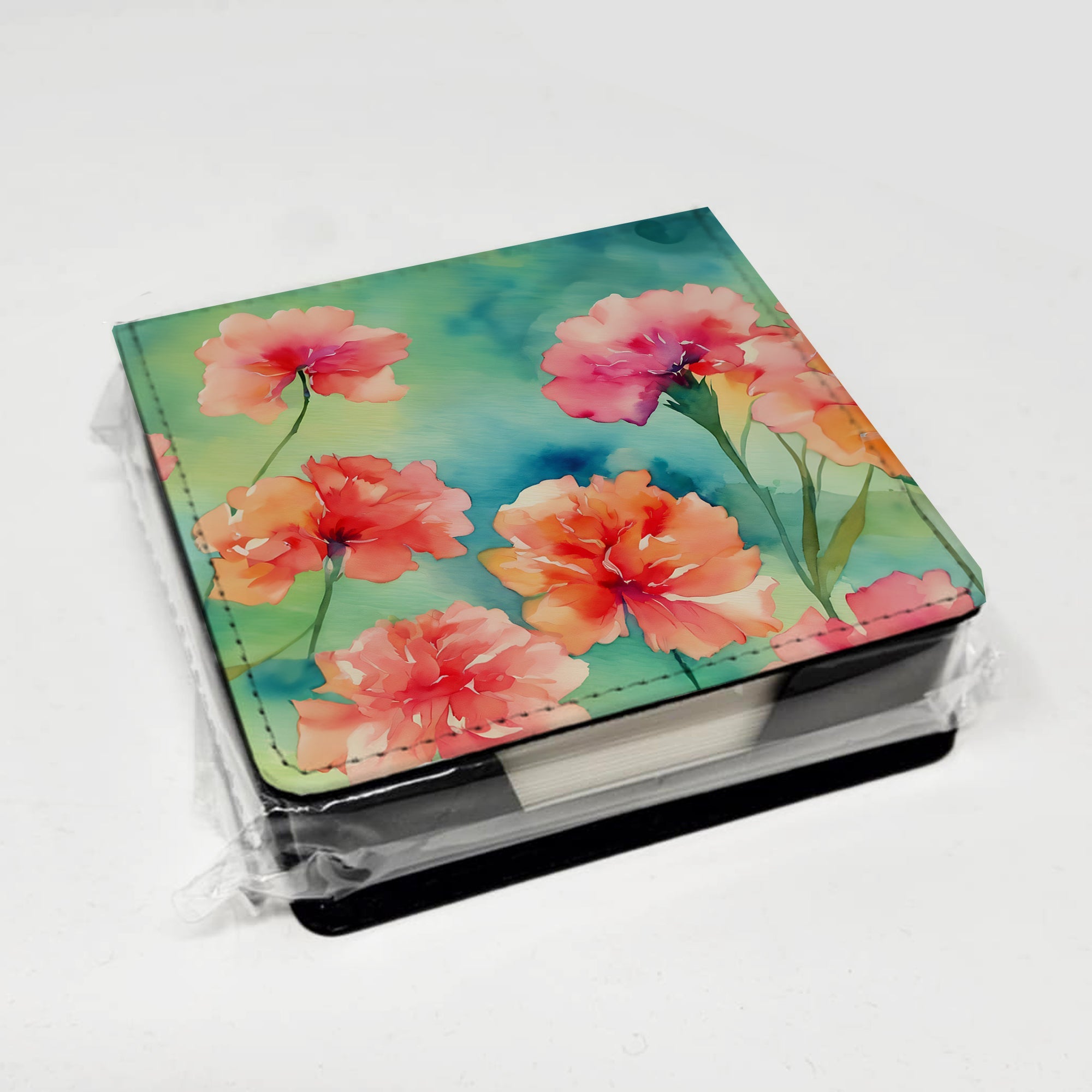 Carnations in Watercolor PU Leather Note Paper Holder with Artist-Designed Cover, Desk Accessory, Office Gift