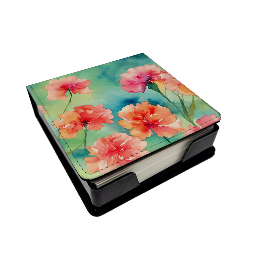 Carnations in Watercolor PU Leather Note Paper Holder with Artist-Designed Cover, Desk Accessory, Office Gift