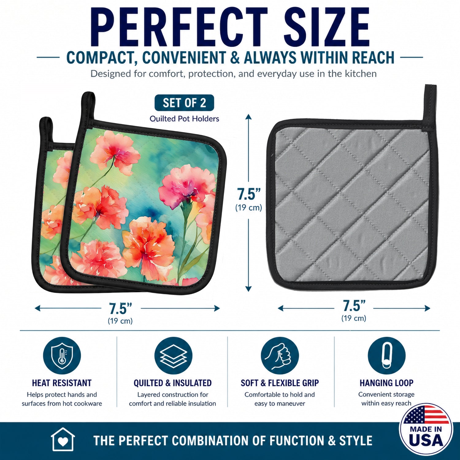 Carnations in Watercolor Pot Holder Set of 2 Heat Resistant Quilted Hot Pads 7.5 x 7.5 Inch, Insulated Kitchen Trivets for Cooking & Baking