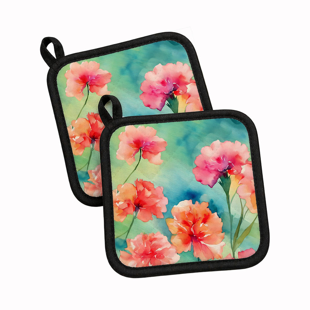 Carnations in Watercolor Pot Holder Set of 2 Heat Resistant Quilted Hot Pads 7.5 x 7.5 Inch, Insulated Kitchen Trivets for Cooking & Baking