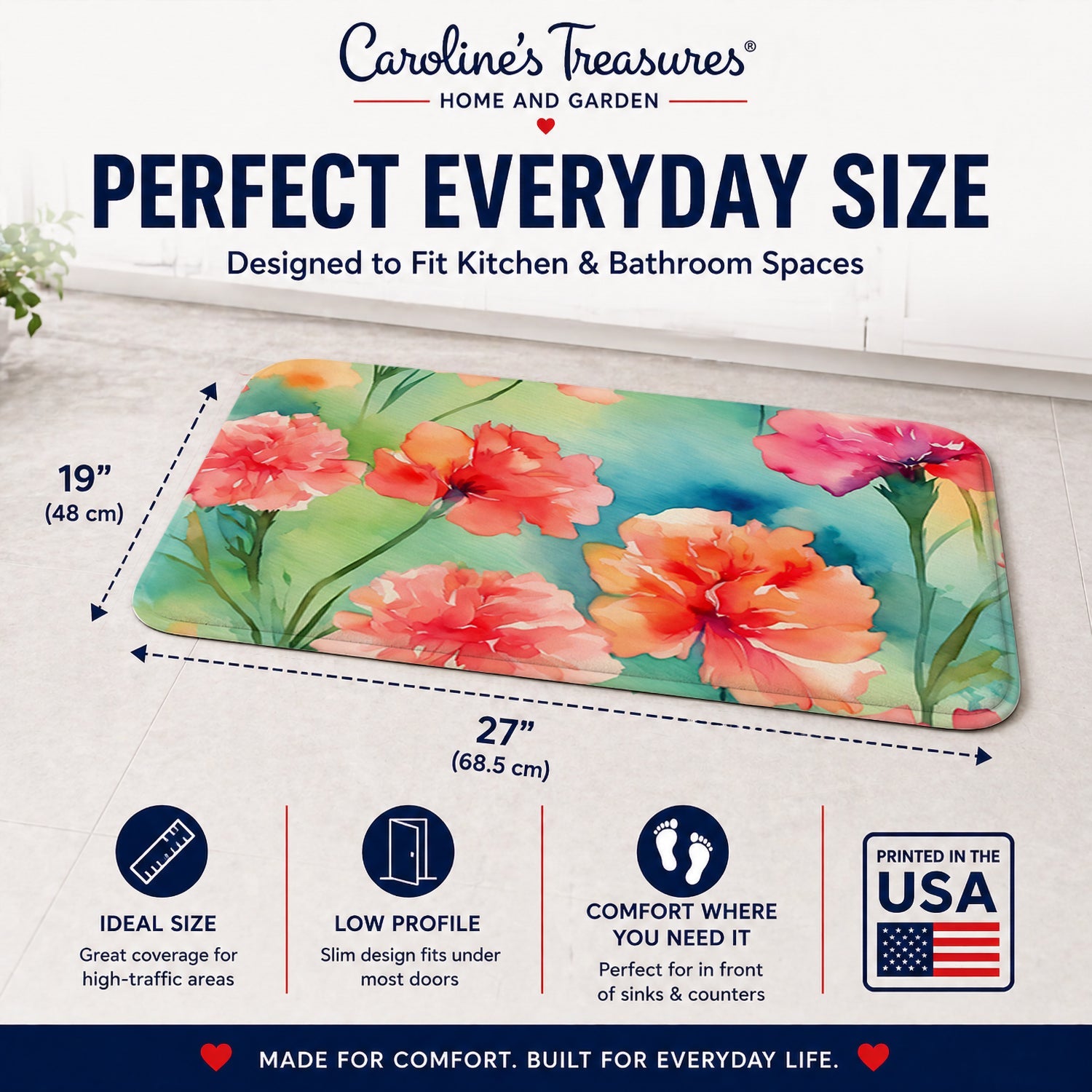 Carnations in Watercolor Memory Foam Kitchen Mat Machine Washable Anti-Fatigue Cushion Comfort Bath or Kitchen Rug