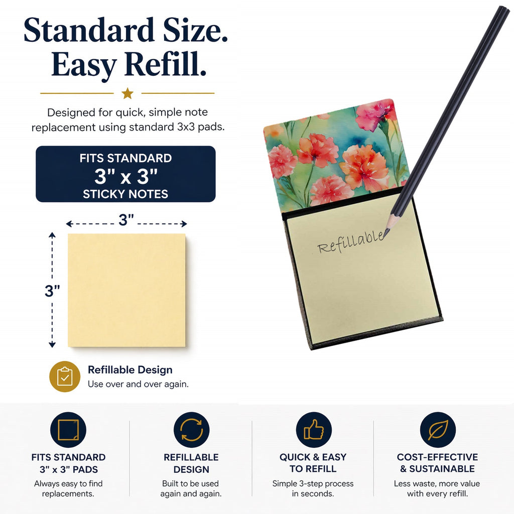 Carnations in Watercolor Watercolor Sticky Note Holder Refillable Dispenser Desk Accessory 3x3 Pad Gift