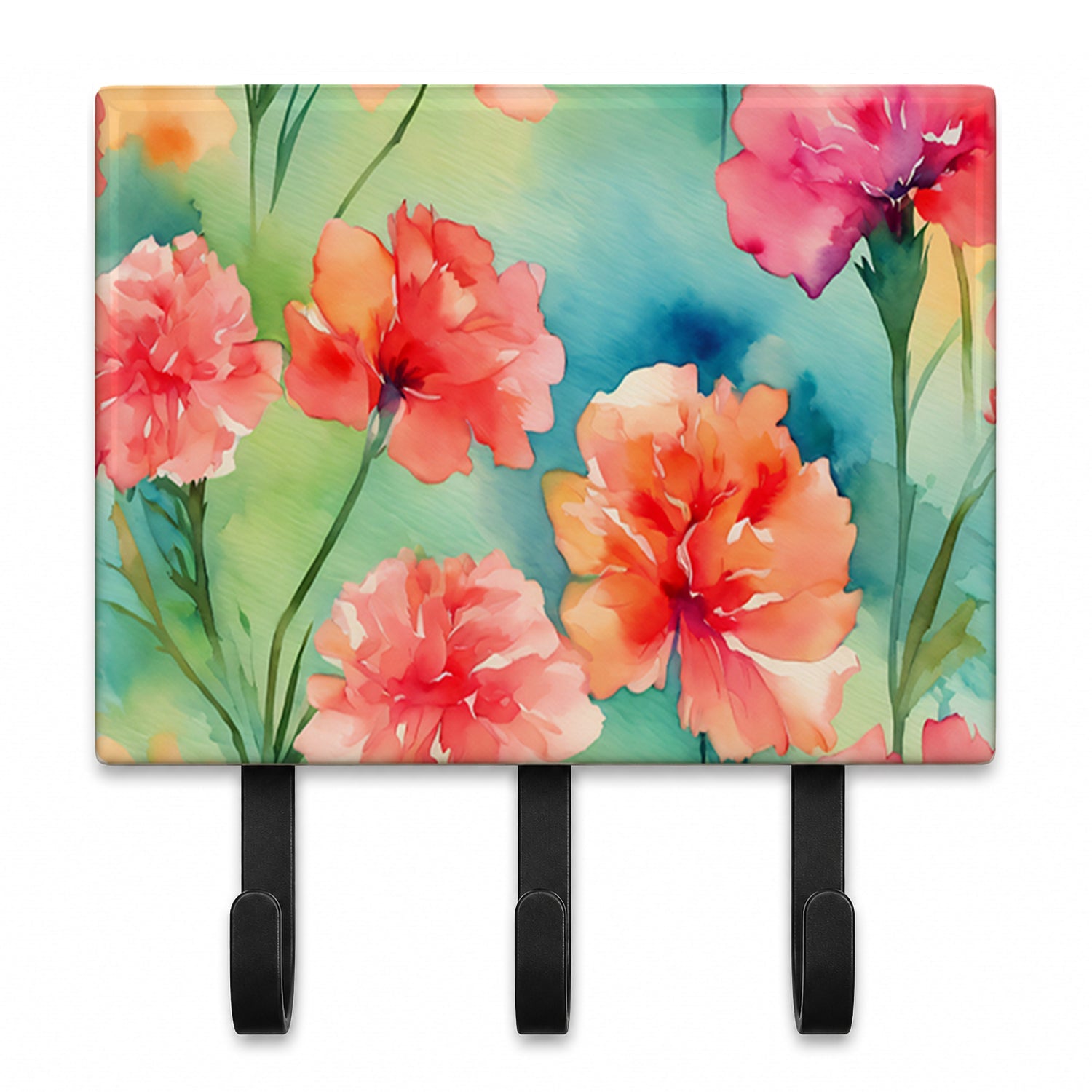 Carnations in Watercolor Leash or Key Holder Wall Hooks, Coat Rack Wall Mount, for Hanging Keys, Towels, Aprons, Leashes