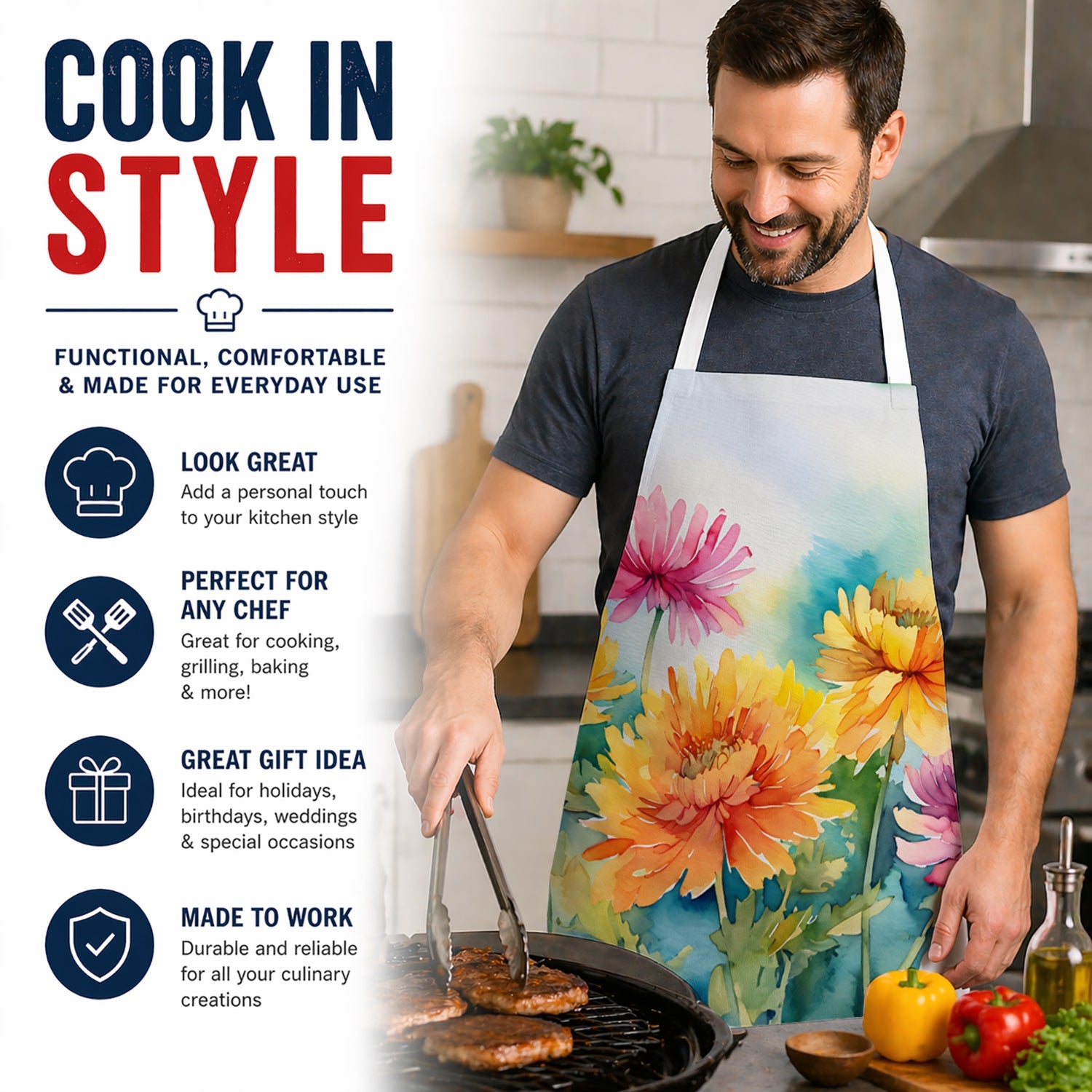 Chrysanthemums in Watercolor Apron Cooking Kitchen Server Baking Crafts Gardening for Adult Women Men, Unisex, Large, Multicolor