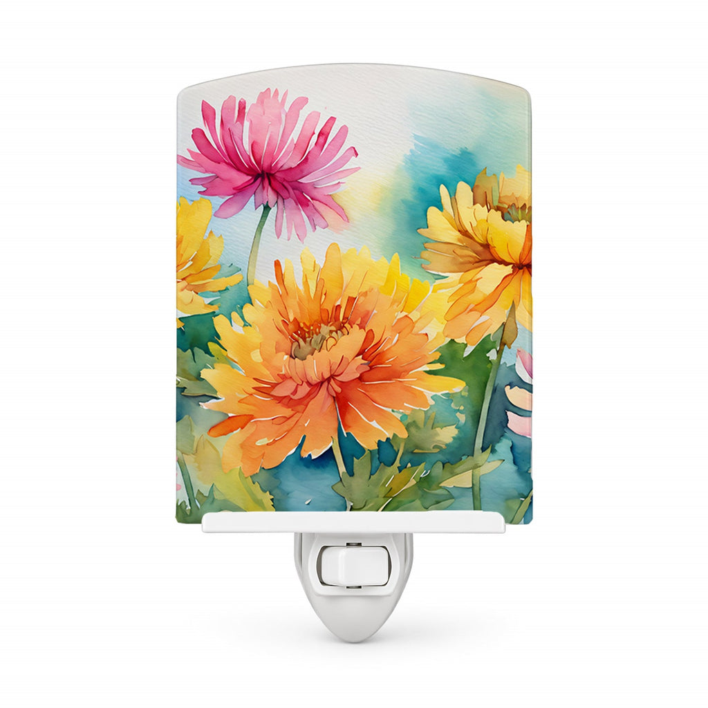 Chrysanthemums in Watercolor Ceramic Night Light Compact, UL-Certified, Ideal for Bedroom, Bathroom, Nursery, Hallway, Kitchen, 6x4x3, Multicolor