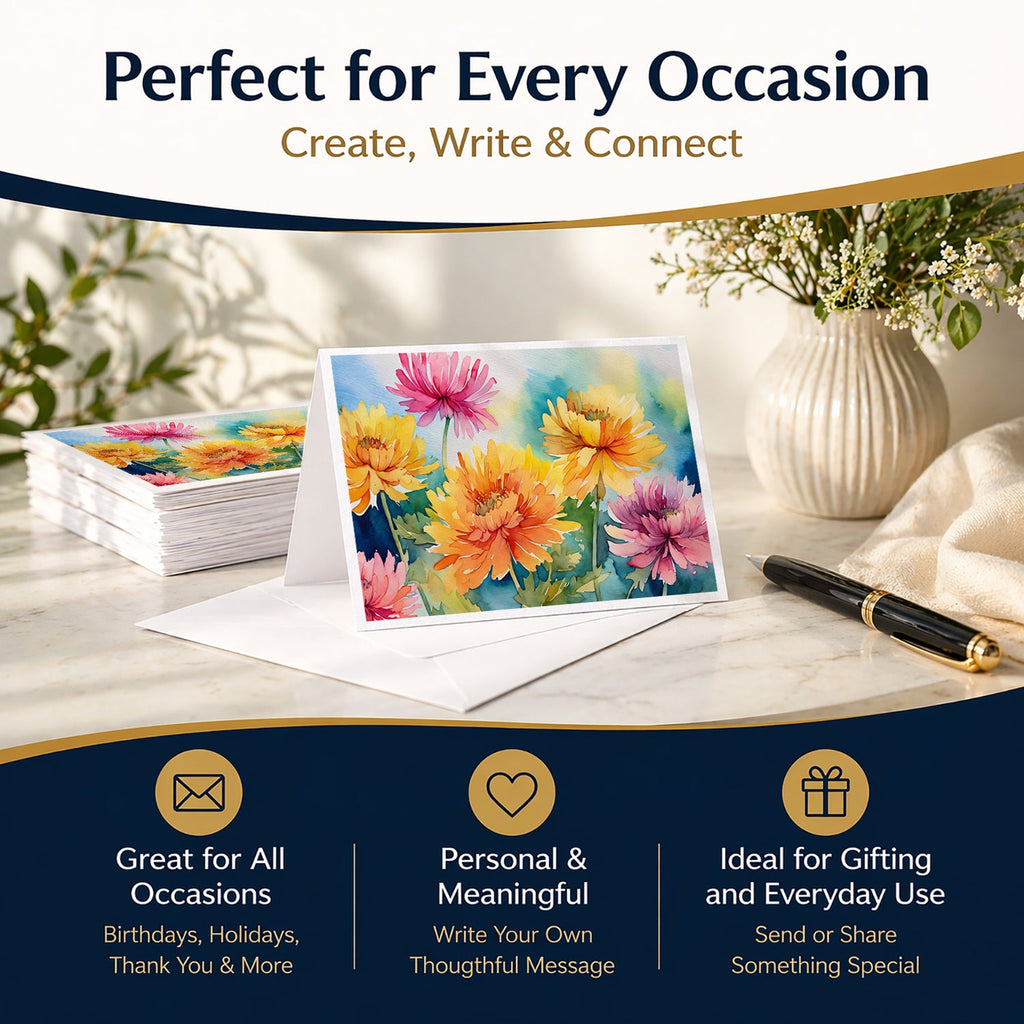 Chrysanthemums in Watercolor Greeting Cards Pack of 8 Blank Cards with Envelopes Whimsical A7 Size 5x7