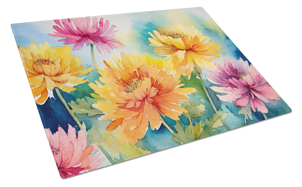 Chrysanthemums in Watercolor Cutting Board Tempered Glass Kitchen Cutting Surface, Heat Resistant Chopping, Non-Slip Feet, Food Prep & Serving