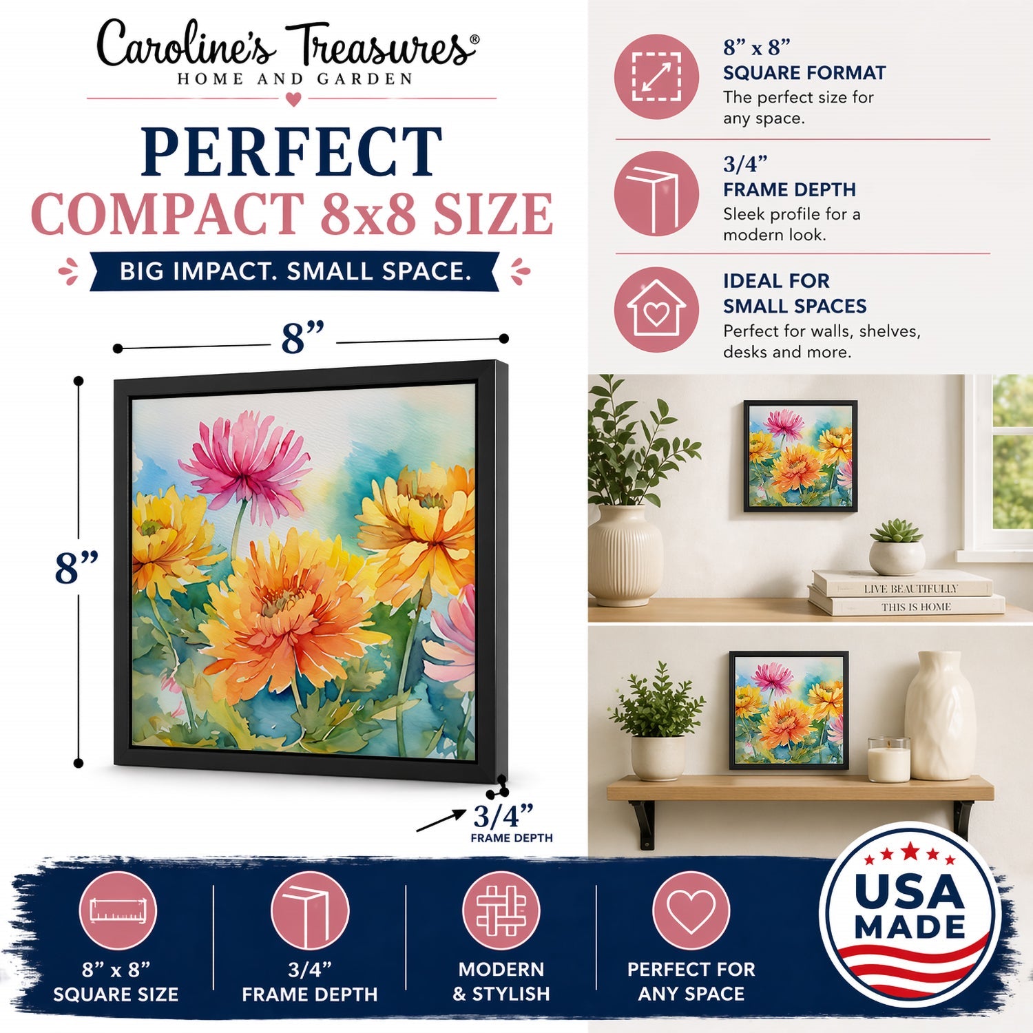 Chrysanthemums in Watercolor Framed Metal Print Bathroom, Kitchen, Office, Home Decor Wall Art Ready to Hang, Square, 8X8