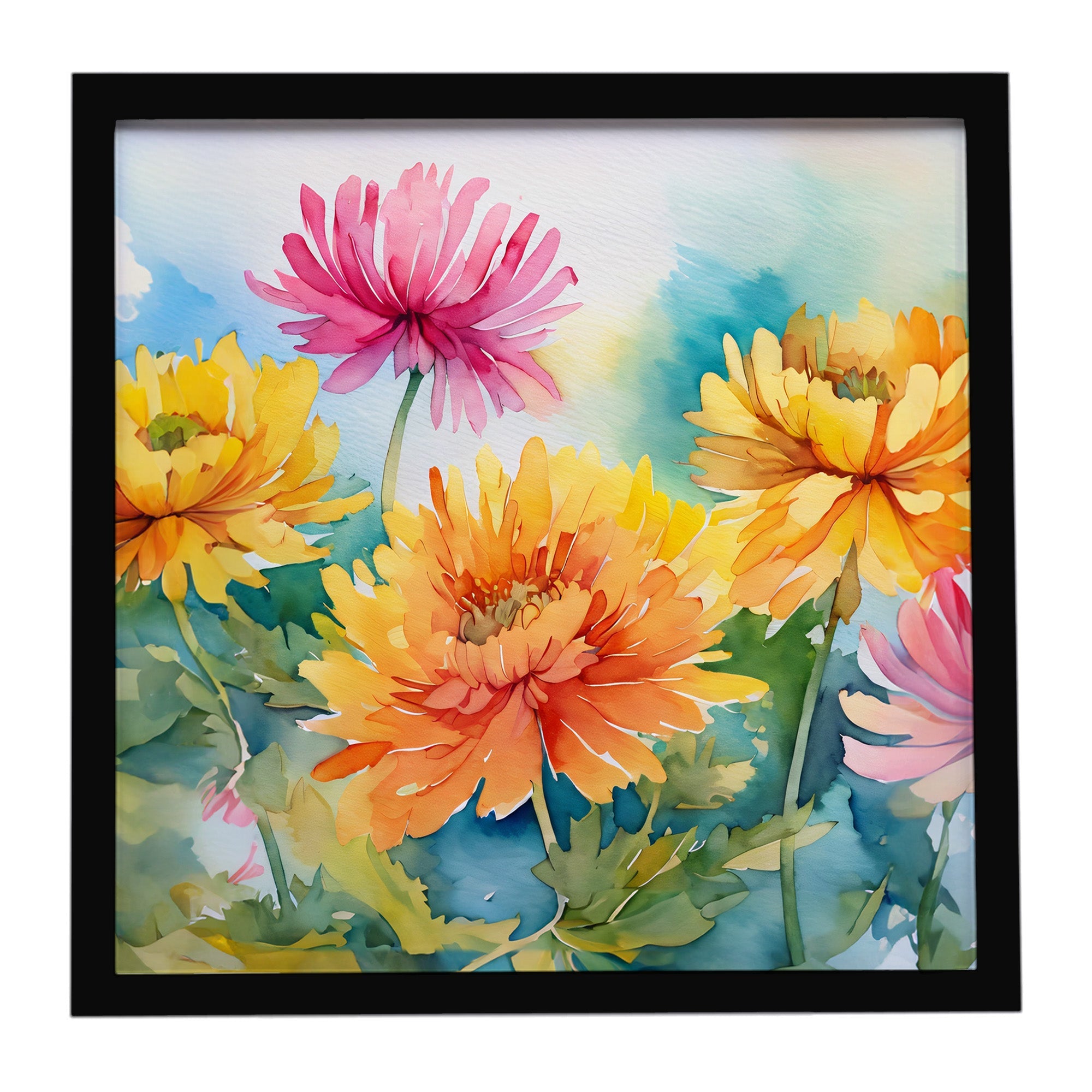 Chrysanthemums in Watercolor Framed Metal Print Bathroom, Kitchen, Office, Home Decor Wall Art Ready to Hang, Square, 8X8