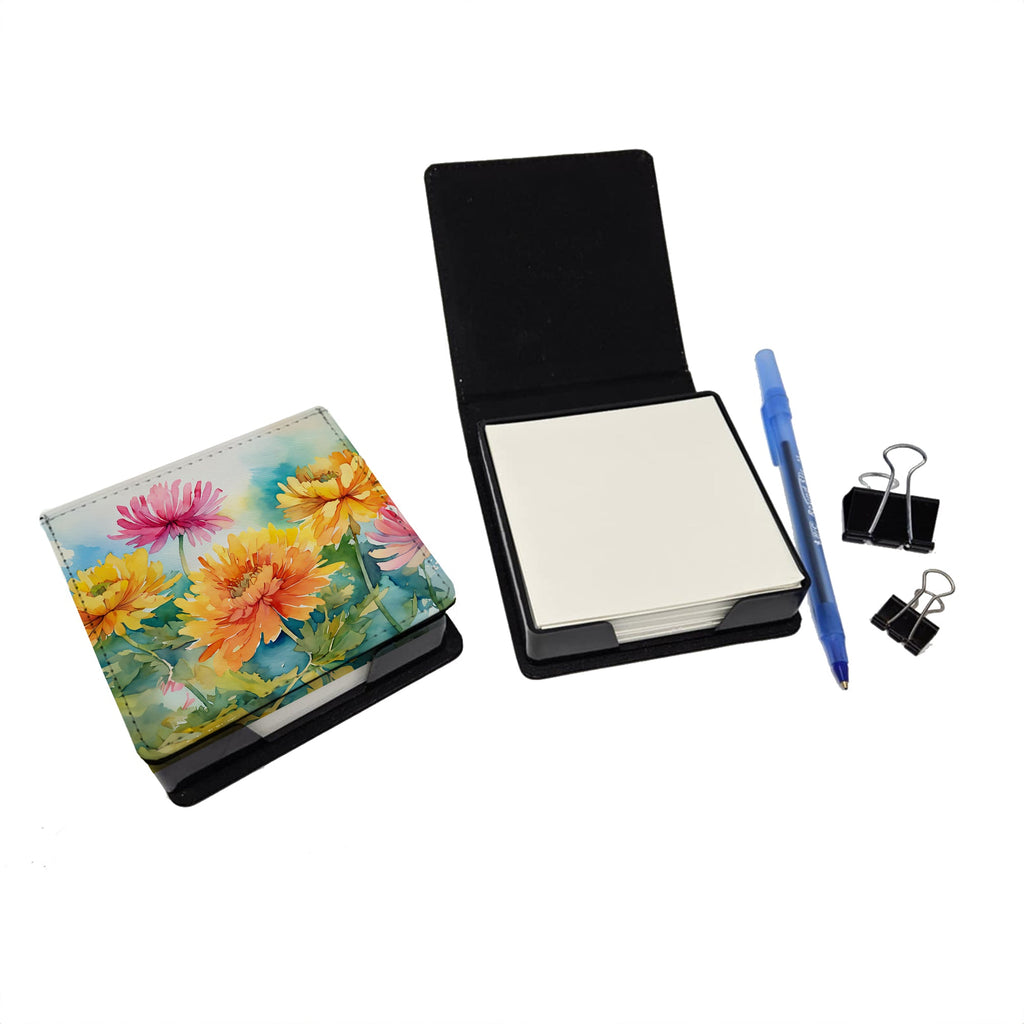 Chrysanthemums in Watercolor PU Leather Note Paper Holder with Artist-Designed Cover, Desk Accessory, Office Gift