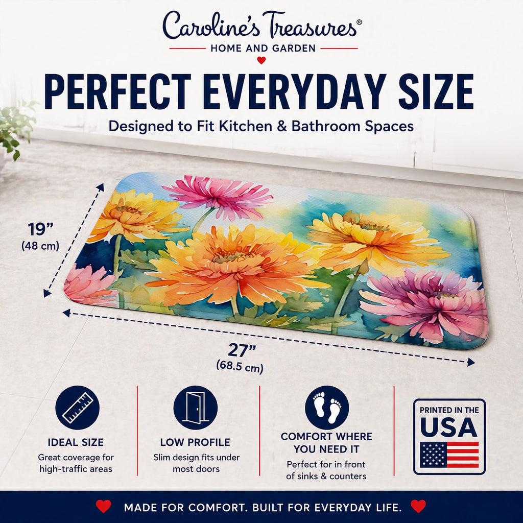 Chrysanthemums in Watercolor Memory Foam Kitchen Mat Machine Washable Anti-Fatigue Cushion Comfort Bath or Kitchen Rug
