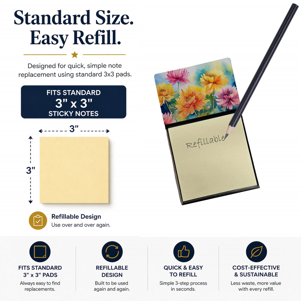 Chrysanthemums in Watercolor Watercolor Sticky Note Holder Refillable Dispenser Desk Accessory 3x3 Pad Gift