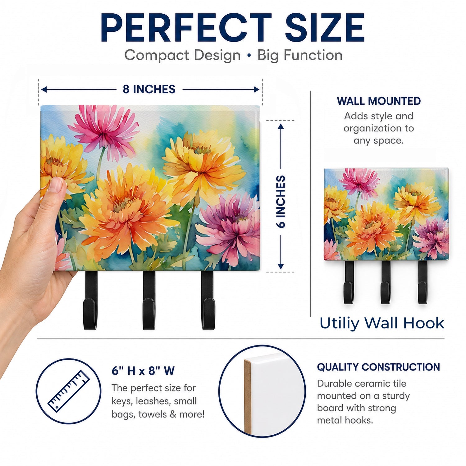 Chrysanthemums in Watercolor Leash or Key Holder Wall Hooks, Coat Rack Wall Mount, for Hanging Keys, Towels, Aprons, Leashes