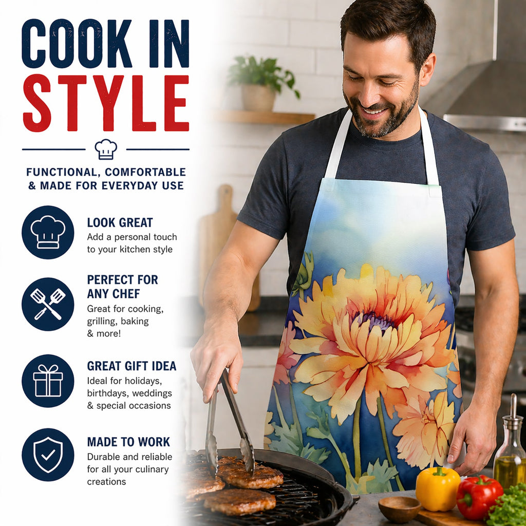 Chrysanthemums in Watercolor Apron Cooking Kitchen Server Baking Crafts Gardening for Adult Women Men, Unisex, Large, Multicolor