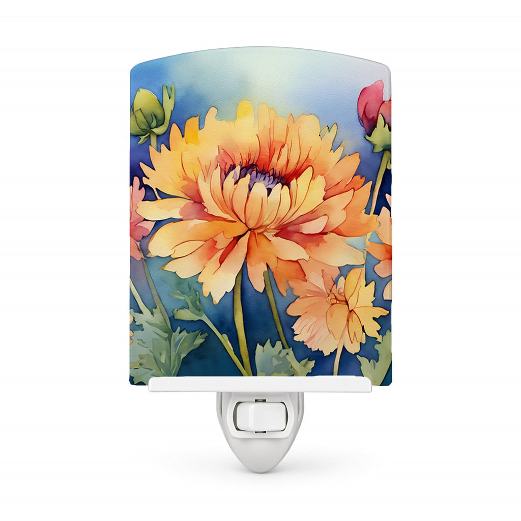 Chrysanthemums in Watercolor Ceramic Night Light Compact, UL-Certified, Ideal for Bedroom, Bathroom, Nursery, Hallway, Kitchen, 6x4x3, Multicolor