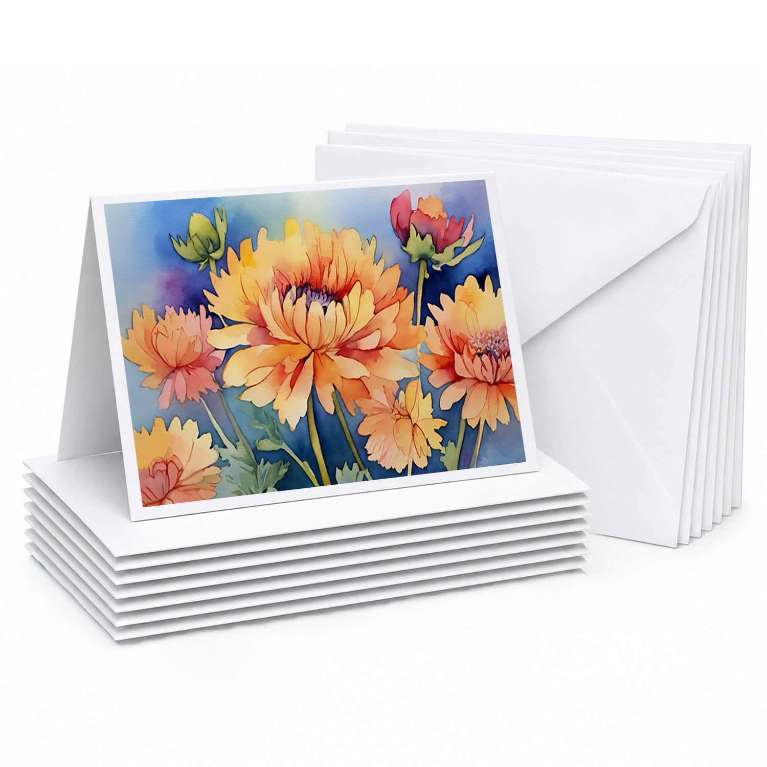 Chrysanthemums in Watercolor Greeting Cards Pack of 8 Blank Cards with Envelopes Whimsical A7 Size 5x7