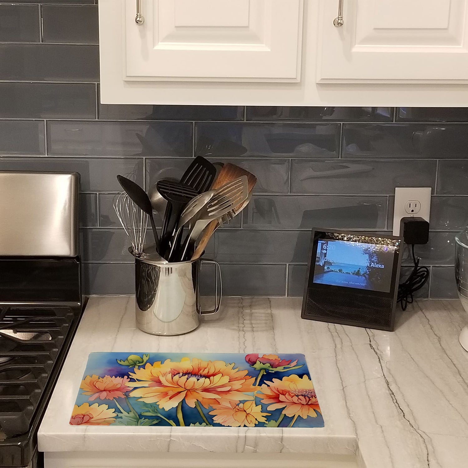 Chrysanthemums in Watercolor Cutting Board Tempered Glass Kitchen Cutting Surface, Heat Resistant Chopping, Non-Slip Feet, Food Prep & Serving