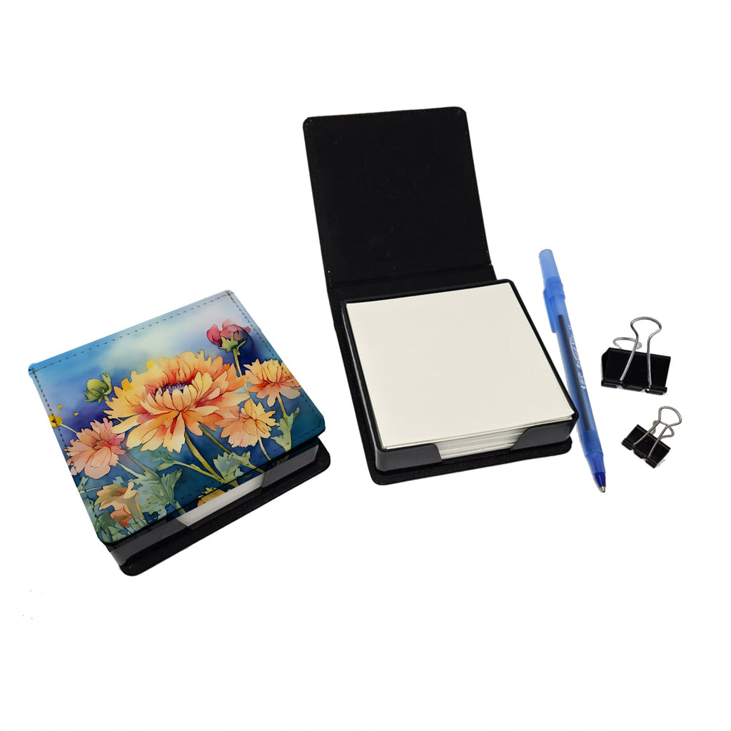 Chrysanthemums in Watercolor PU Leather Note Paper Holder with Artist-Designed Cover, Desk Accessory, Office Gift