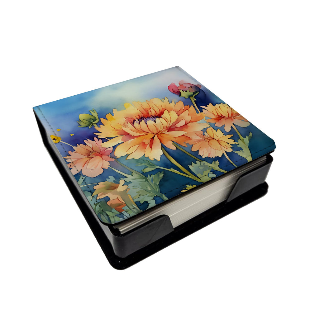 Chrysanthemums in Watercolor PU Leather Note Paper Holder with Artist-Designed Cover, Desk Accessory, Office Gift