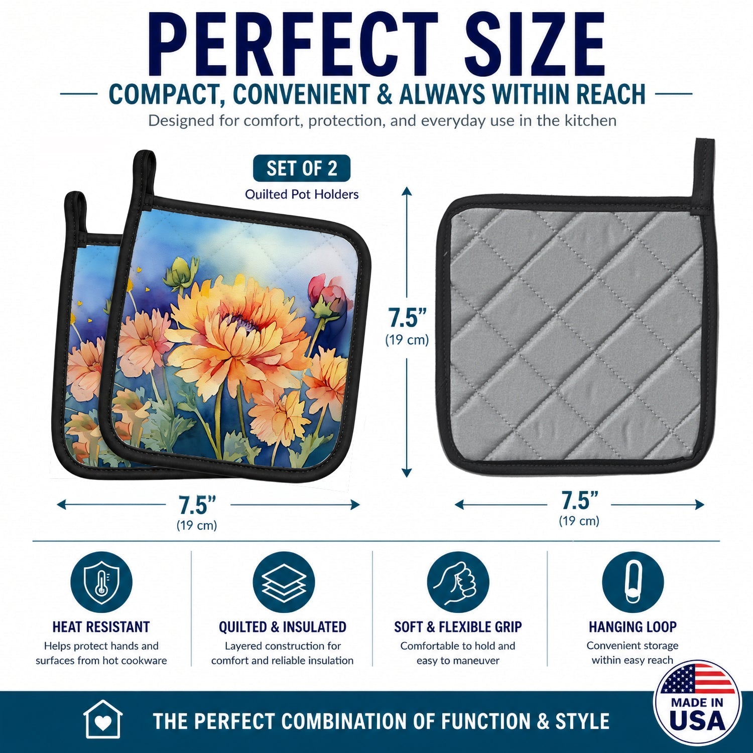 Chrysanthemums in Watercolor Pot Holder Set of 2 Heat Resistant Quilted Hot Pads 7.5 x 7.5 Inch, Insulated Kitchen Trivets for Cooking & Baking