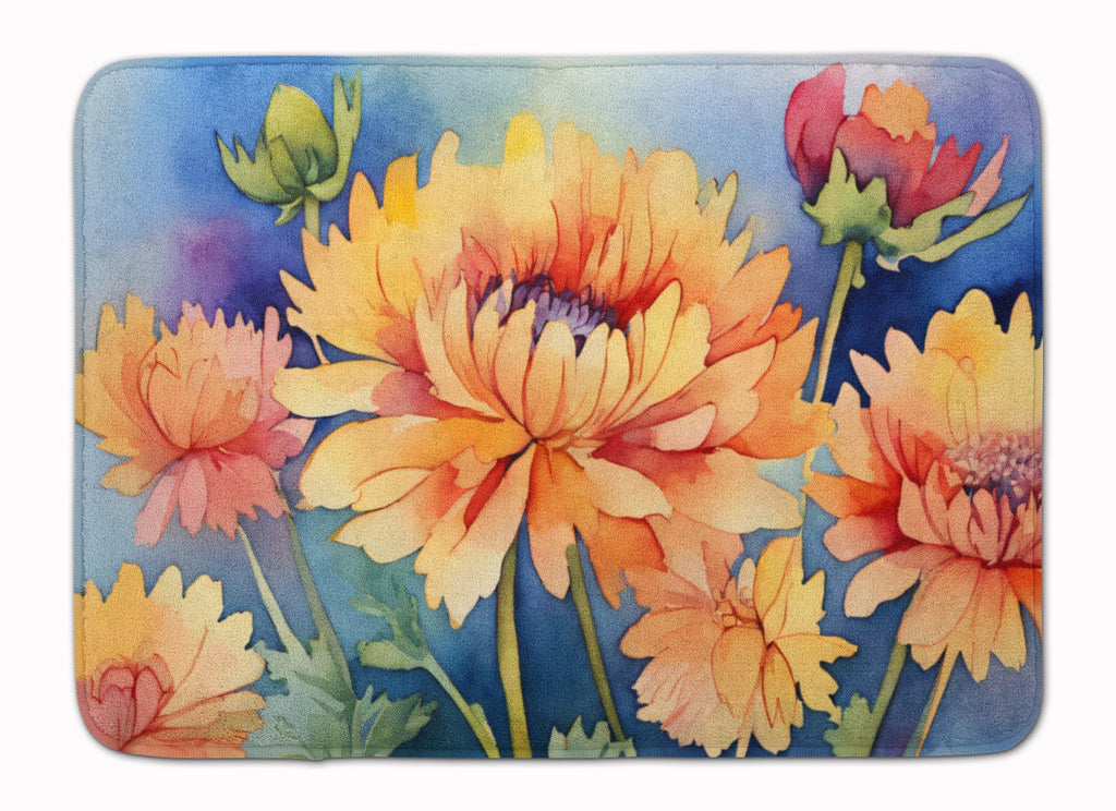 Chrysanthemums in Watercolor Memory Foam Kitchen Mat Machine Washable Anti-Fatigue Cushion Comfort Bath or Kitchen Rug
