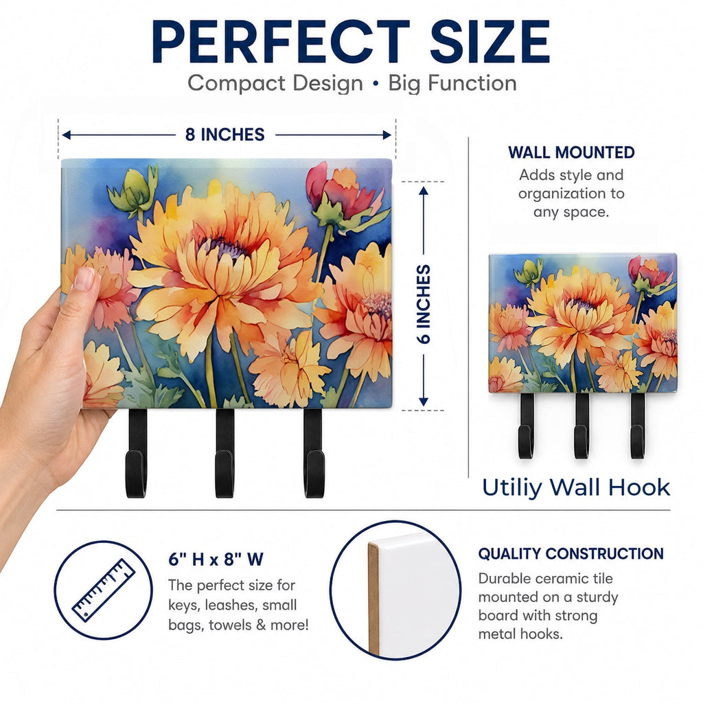 Chrysanthemums in Watercolor Leash or Key Holder Wall Hooks, Coat Rack Wall Mount, for Hanging Keys, Towels, Aprons, Leashes