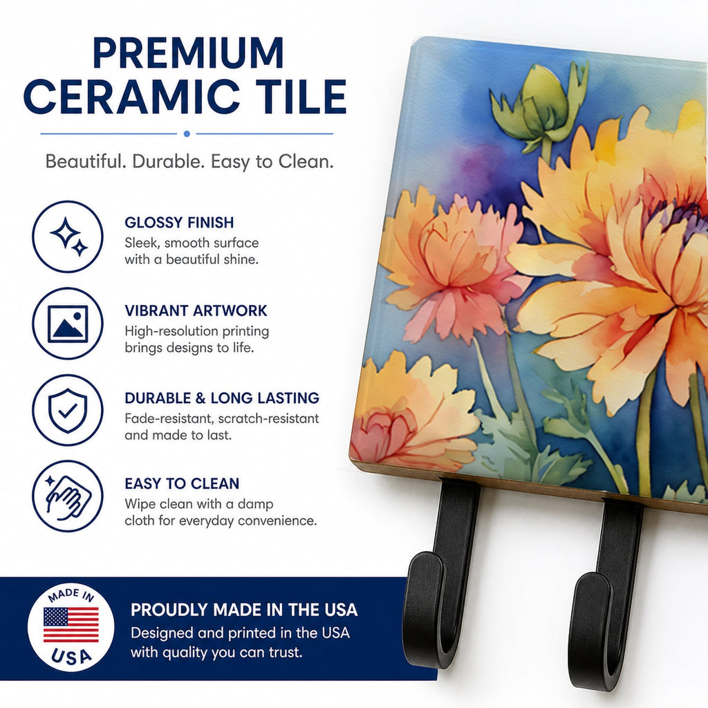 Chrysanthemums in Watercolor Leash or Key Holder Wall Hooks, Coat Rack Wall Mount, for Hanging Keys, Towels, Aprons, Leashes