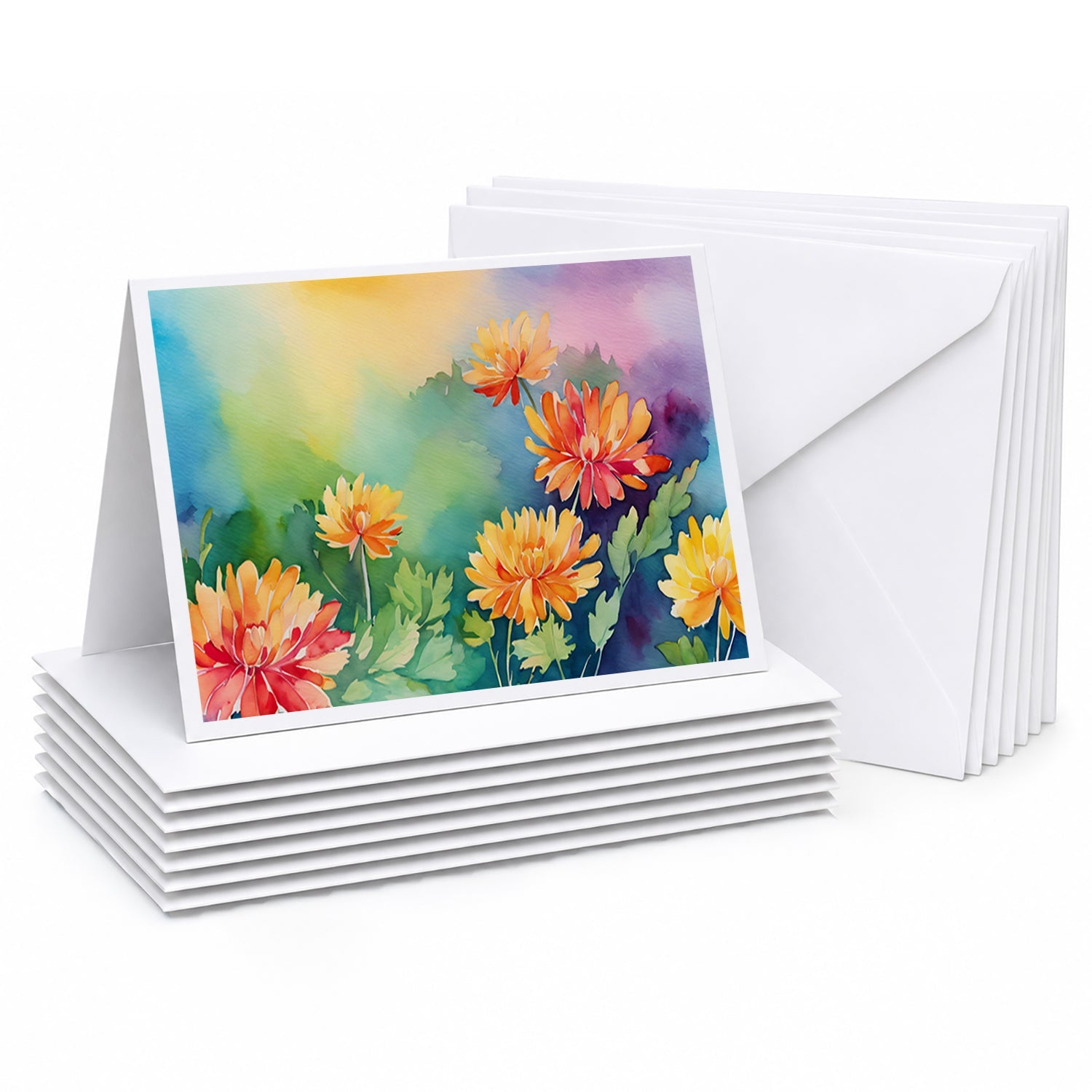 Chrysanthemums in Watercolor Greeting Cards Pack of 8 Blank Cards with Envelopes Whimsical A7 Size 5x7