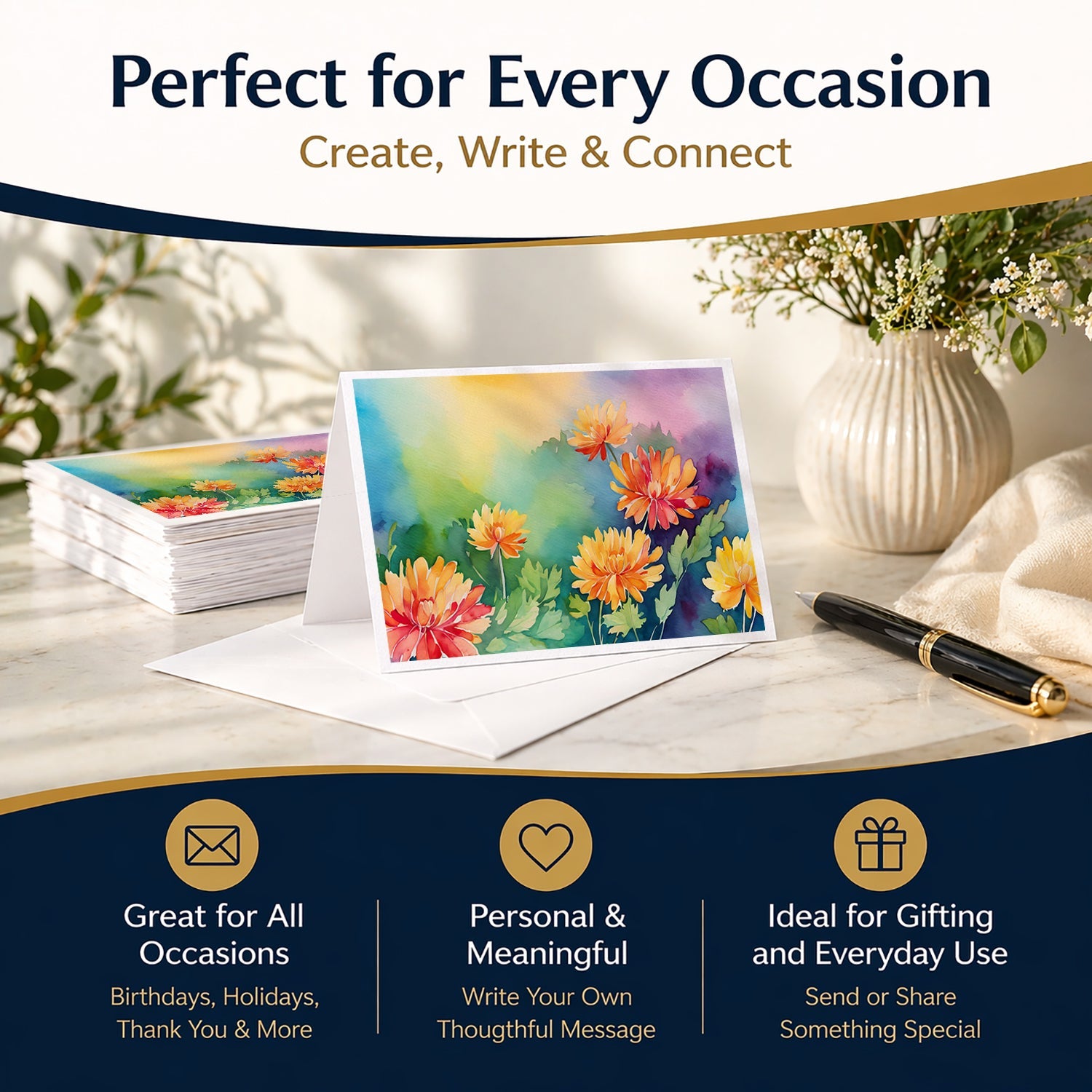 Chrysanthemums in Watercolor Greeting Cards Pack of 8 Blank Cards with Envelopes Whimsical A7 Size 5x7