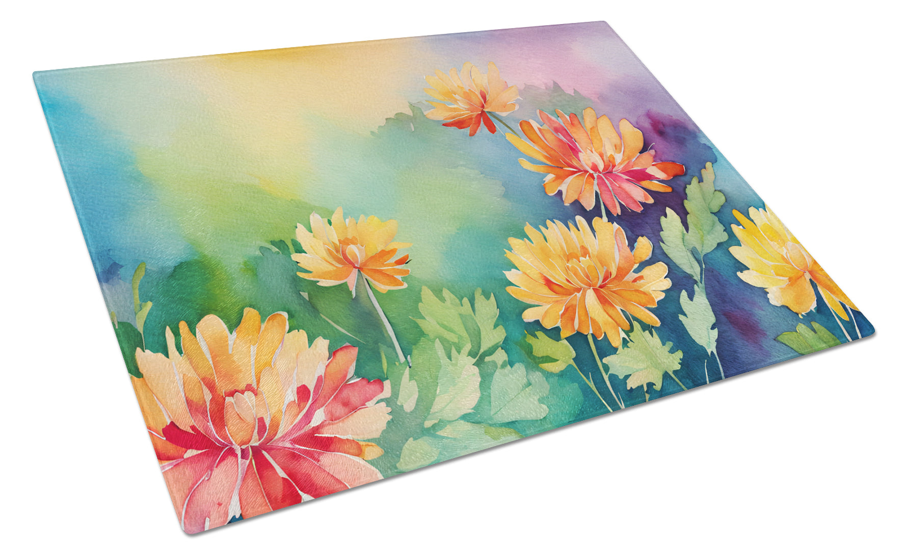 Chrysanthemums in Watercolor Cutting Board Tempered Glass Kitchen Cutting Surface, Heat Resistant Chopping, Non-Slip Feet, Food Prep & Serving