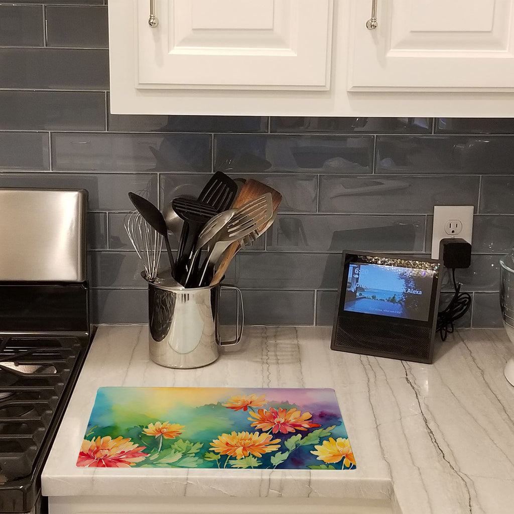 Chrysanthemums in Watercolor Cutting Board Tempered Glass Kitchen Cutting Surface, Heat Resistant Chopping, Non-Slip Feet, Food Prep & Serving