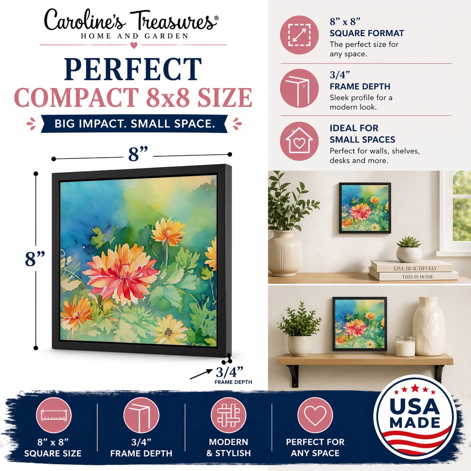 Chrysanthemums in Watercolor Framed Metal Print Bathroom, Kitchen, Office, Home Decor Wall Art Ready to Hang, Square, 8X8