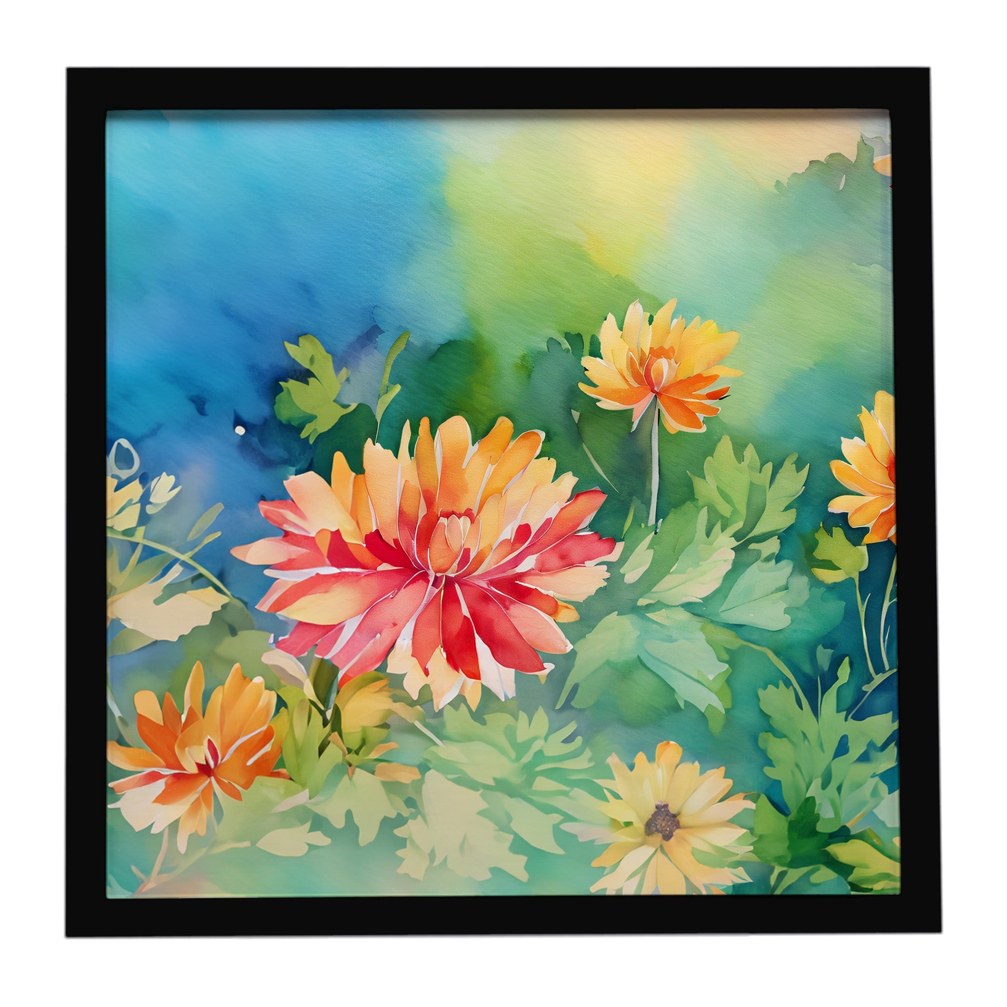 Chrysanthemums in Watercolor Framed Metal Print Bathroom, Kitchen, Office, Home Decor Wall Art Ready to Hang, Square, 8X8