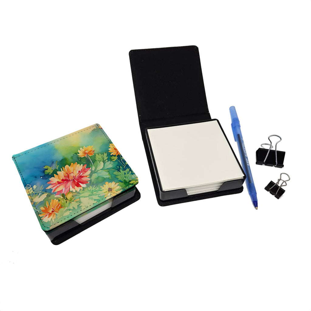 Chrysanthemums in Watercolor PU Leather Note Paper Holder with Artist-Designed Cover, Desk Accessory, Office Gift